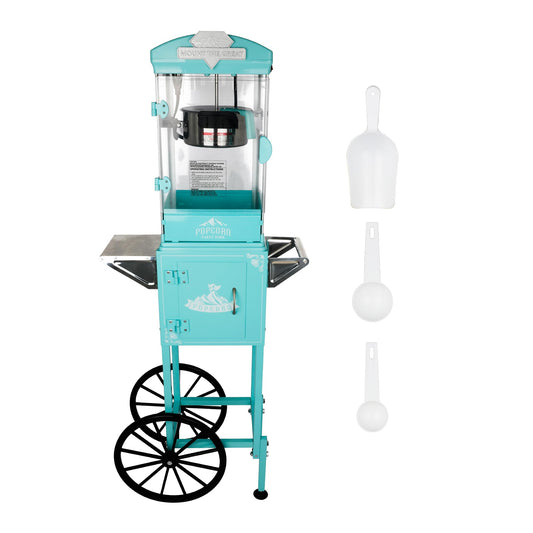 ZIEGIAN 8 Oz Popcorn Machine with Cart (Cyan) - Vintage Popcorn Maker - One Touch Operation, Makes Up to 30 Cups for Movie Nights, Party, Events