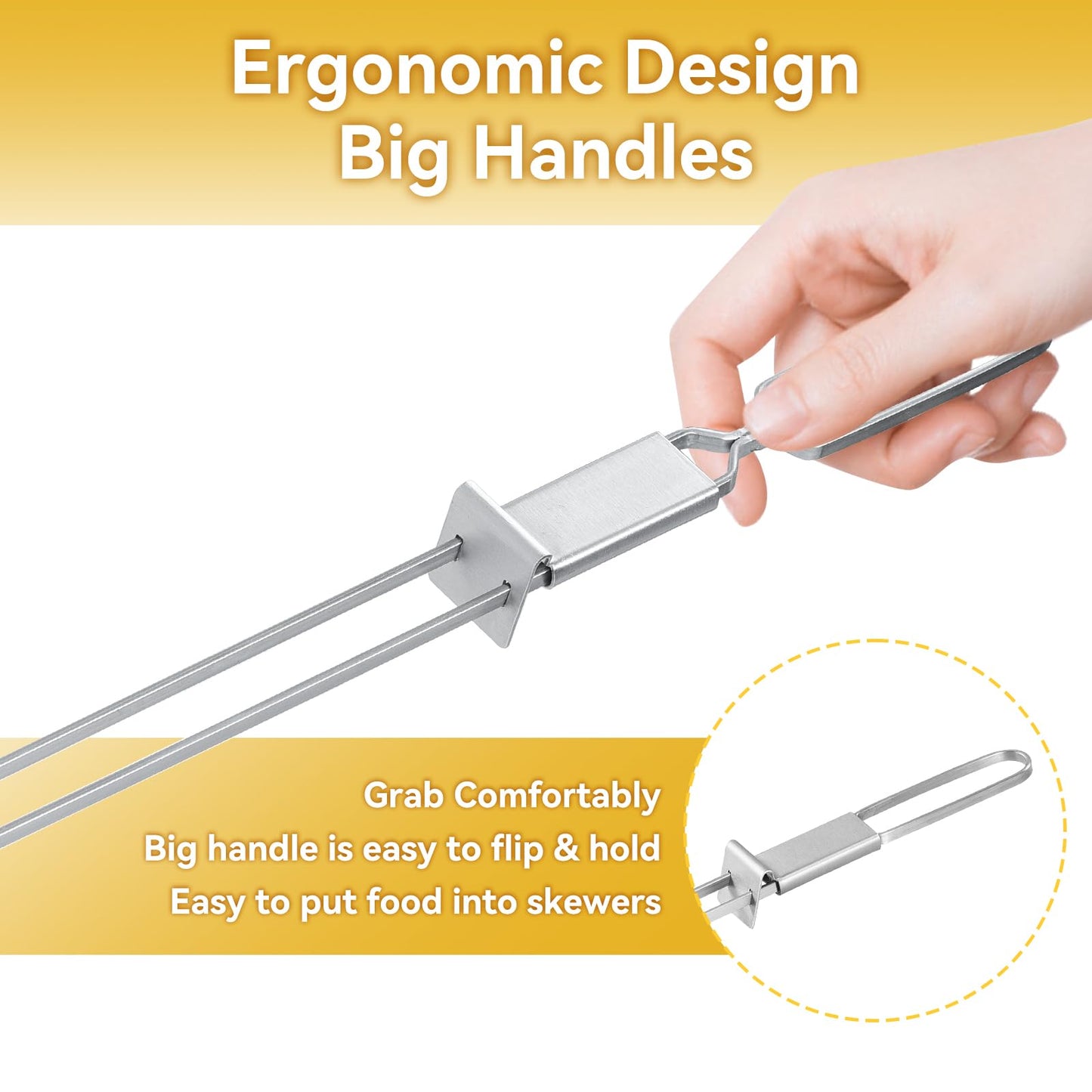 Skewers for Grilling- 17 inch (6 Pack) Double Pronged Flat Stainless Steel BBQ Skewer with Push Bar- Kabob Skewers Skewer Sticks for Camping or family - Reusable, BBQ Accessories