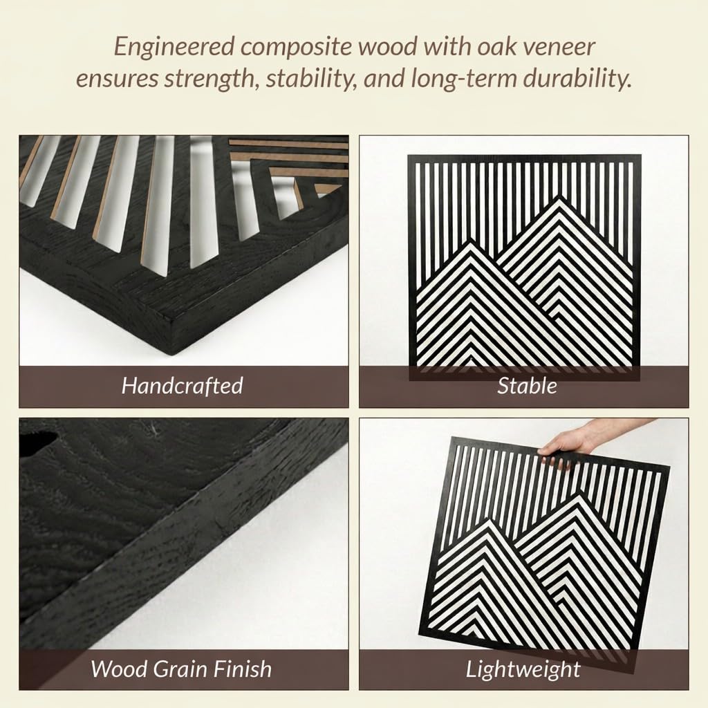 River's Edge Essentials Wood Mountain Wall Art Set of 2 – Large Wooden Wall Decor Panels, Modern Black Geometric Mountain Wall Art for Living Room or Bedroom, 21.5” x 21.5”