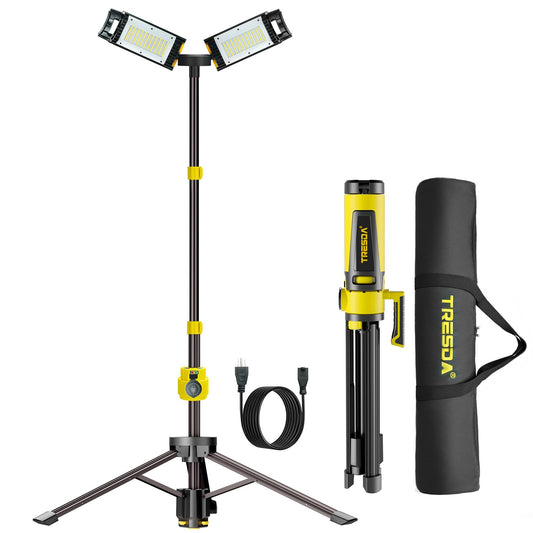 Tresda Dual-Head LED Work Light with Stand, 2025 Pro+ 12000LM Corded or Battery Rechargeable Telescopic Tripod Worklights, Portable Construction Flood Light for Job Site Workshop Garage ﻿
