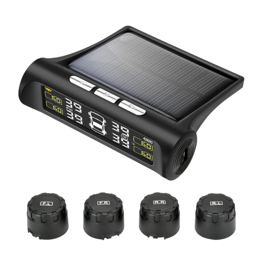 Tire Pressure Monitoring System - TPMS Tire Pressure Monitor System with Solar Charger, TPMS with 4 External sensors & 5 Alarm Modes, LCD Real-time Display, Auto Sleep Mode, Easy to Install