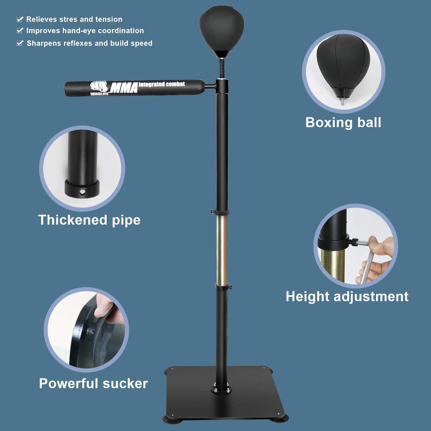 INNOLIFE Boxing Spinning Bar Heavy Duty Punching Speed Reflex Skills Training Free Standing Adjustable Height from 54"-71"