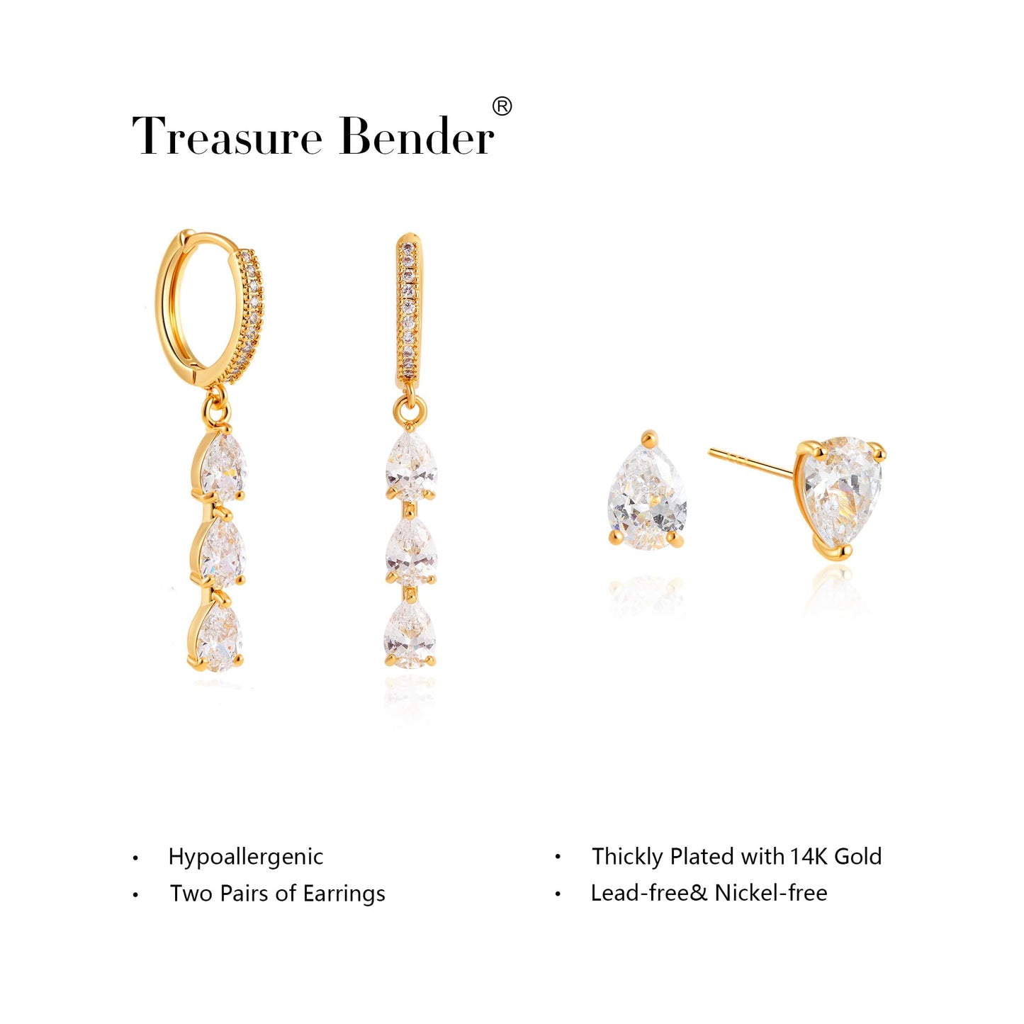 Treasure Bender Huggie Gold Hoop Earrings for Women 14k Gold Plated Diamond Stud Earrings Hypoallergenic Cubic Zirconia Cartilage Flat Back Earring Drop Dangle Earrings Set Jewelry for Women Gift