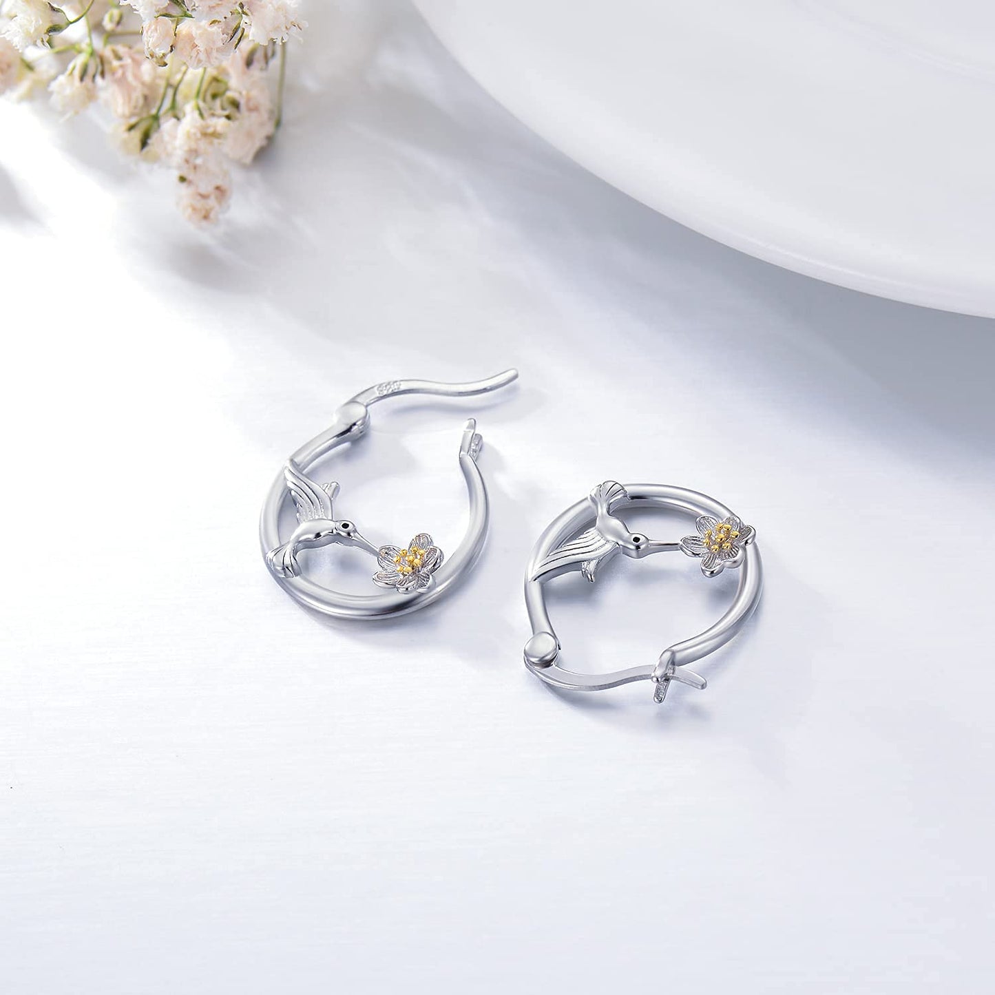 Hummingbird Earrings Sterling Silver Bird Daisy Small Hoop Earrings for Sensitive Ears Cute Hummingbird Jewelry Graduation Gifts for Women Daughter Her