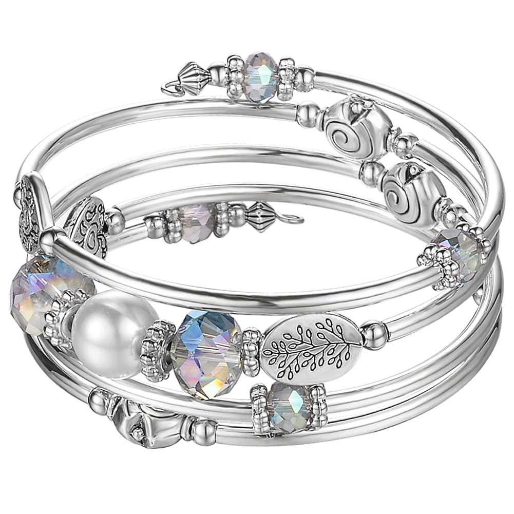 PEARL&CLUB Bead Crystal Wrap Bangle Bracelet - Fashion Jewelry Beaded Bracelet with Silver Metal, Gifts for Women(92-Green)