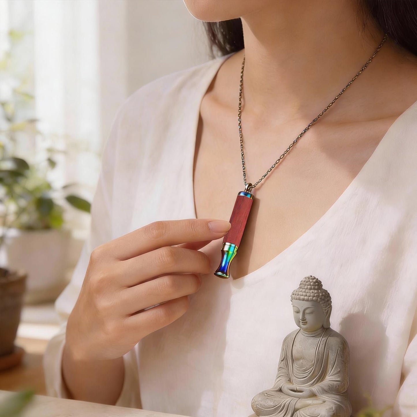 BOLAGTIER Mindful Breathing Necklace: Natural Wood Fidget Charm for Anxiety Relief & Quit Smoking Aid, Stainless Steel Sensory Pendant to Calm Your Mind (Rainbow)