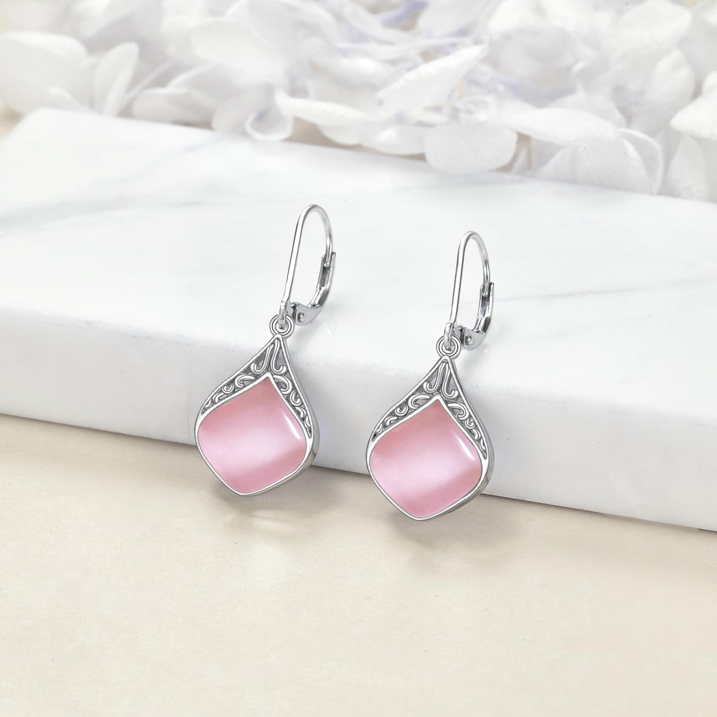 Pink Opal Teardrop Earrings Sterling Silver Filigree Irish Celtic Teardrop Drop Earrings Jewelry Gifts For Women