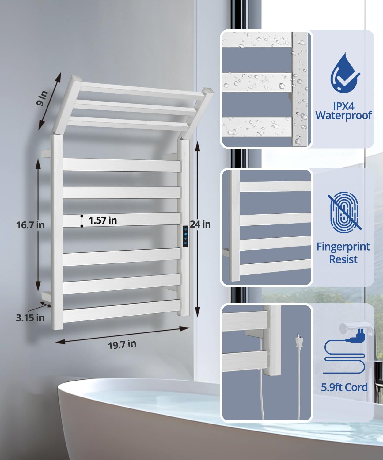 WiFi Heated Towel Rack Wall Mounted, Electric Towel Warmer with Foldable Bracket, Stainless Steel, LED Built-in Timer, Plug-in, Temperature & Timing Control, 6 Bars, Nickel Silver