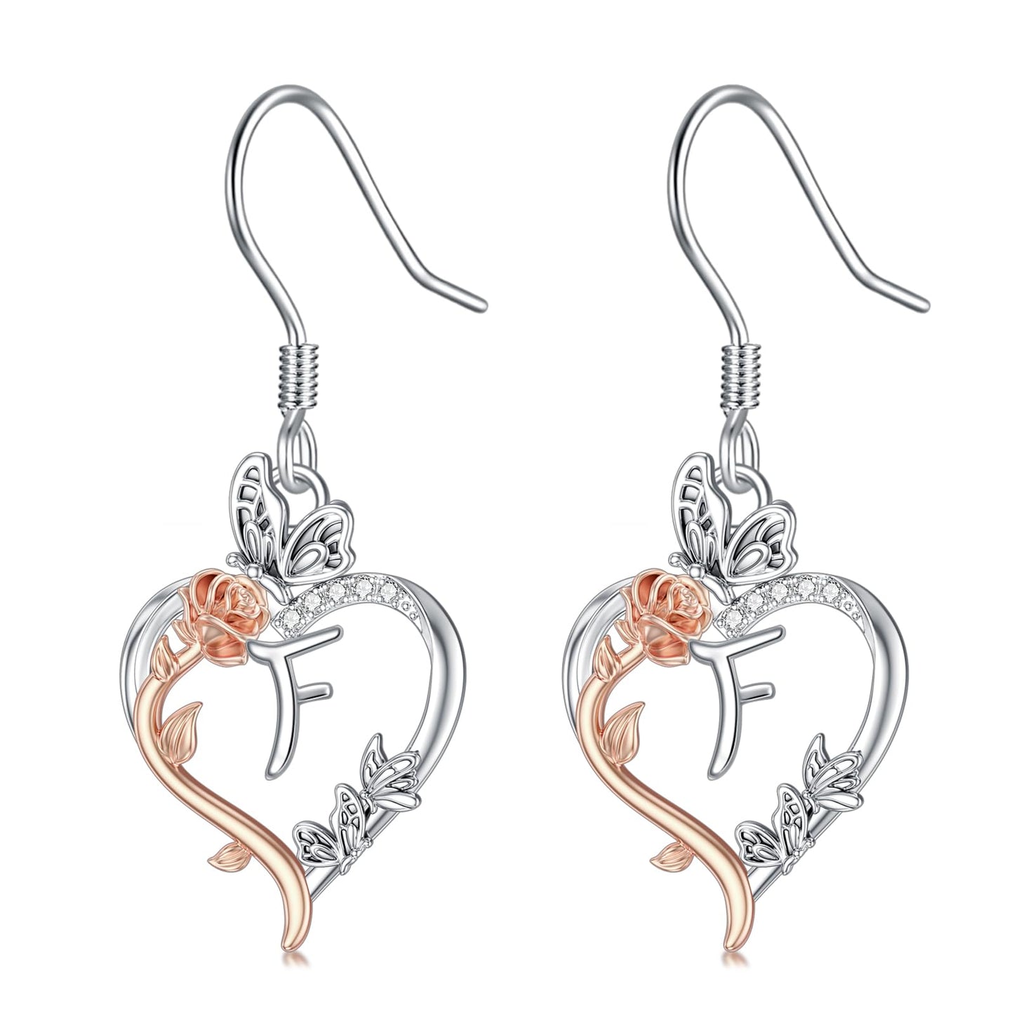 TOUPOP Rose Heart Initial Earrings Sterling Silver Butterfly Earring Initial F Letter Drop Dangle Earrings Jewelry Anniversary Birthday Mothers Day Gifts for Women Mom Wife Girlfriend Her