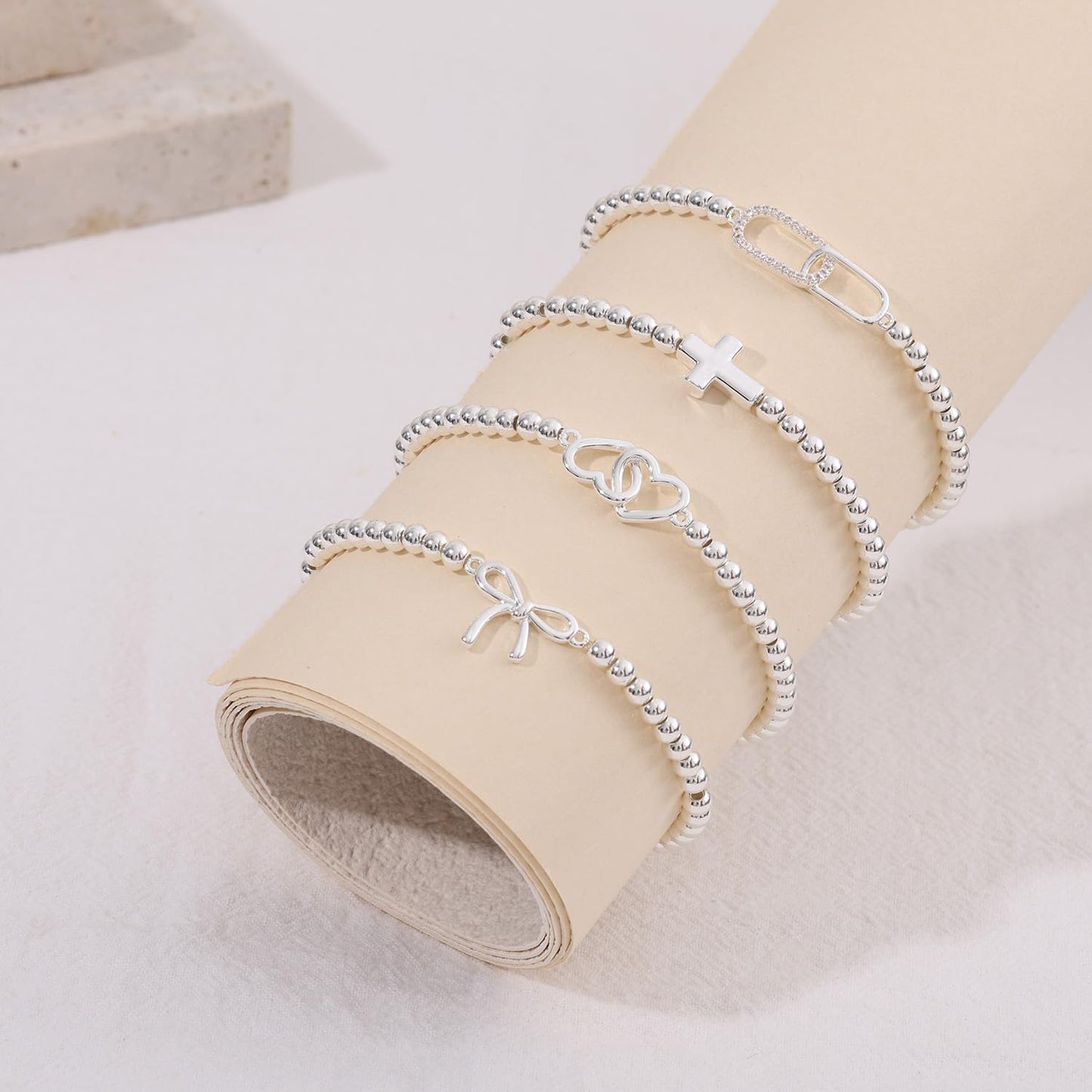 Beaded Bracelets for Women 14K Silver Gold Plated Stretch Handmade Ball Bracelets Cute Charm Bracelet Dainty Stackable Cross Heart Bow Wave CZ Circle Trendy Jewelry Easter Gifts (zirconia-square-silver)