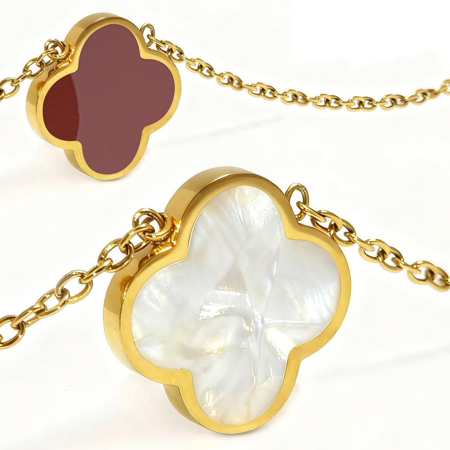 Aimétte Monette 18K Gold Plated Necklaces for Women, Dainty Lucky Four Leaf Clover Gold Necklace Set Clover Charm Necklace, Fashion Jewelry Gifts for Women Red and White