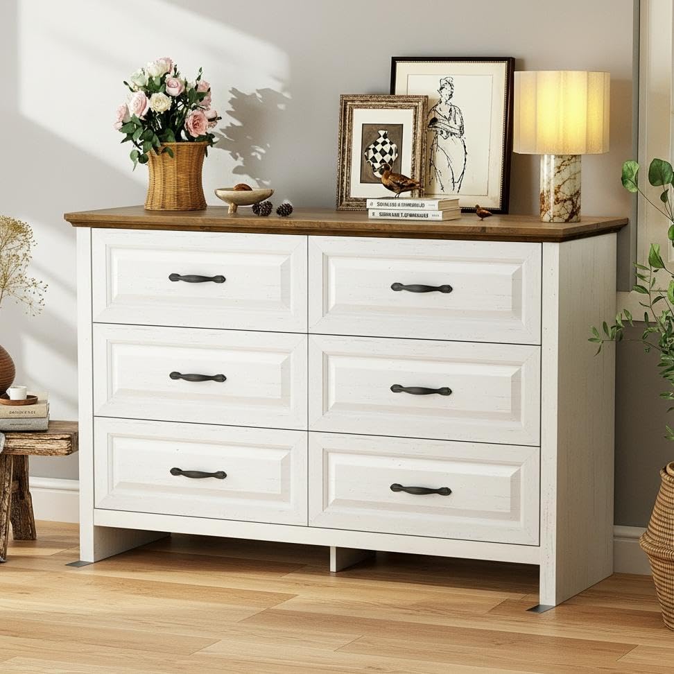 Marsail Farmhouse 6 Drawer Dresser, Wood Chest of Drawers with Natural Texture, Smooth Gliding Drawers, Versatile Storage Organizer Cabinet for Bedroom & Living Room, White and Brown