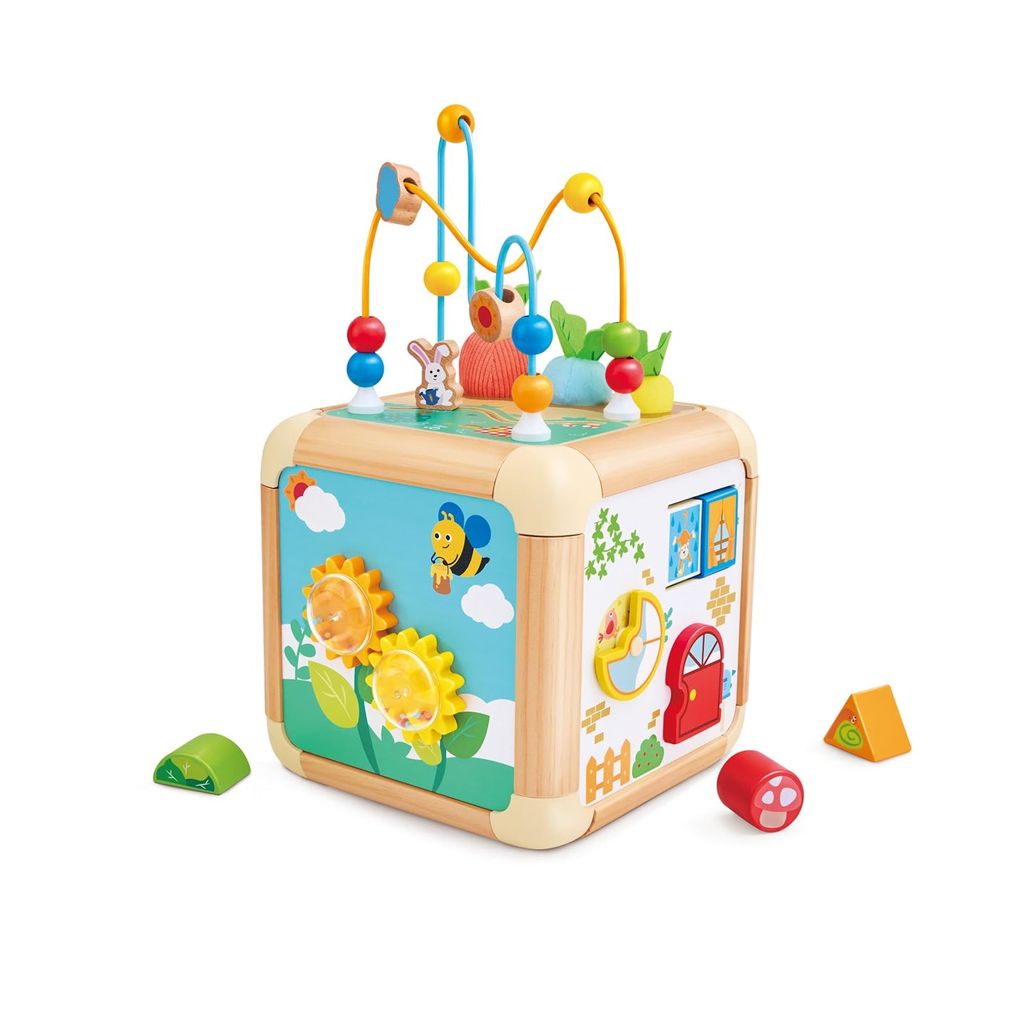 Hape Green Thumbs 6-in-1 Wooden Activity Cube for Toddlers - Nature-Themed Educational Toy with Bead Maze, Shape Sorter & Sensory Carrots - Montessori Learning Gift for Baby Boys & Girls