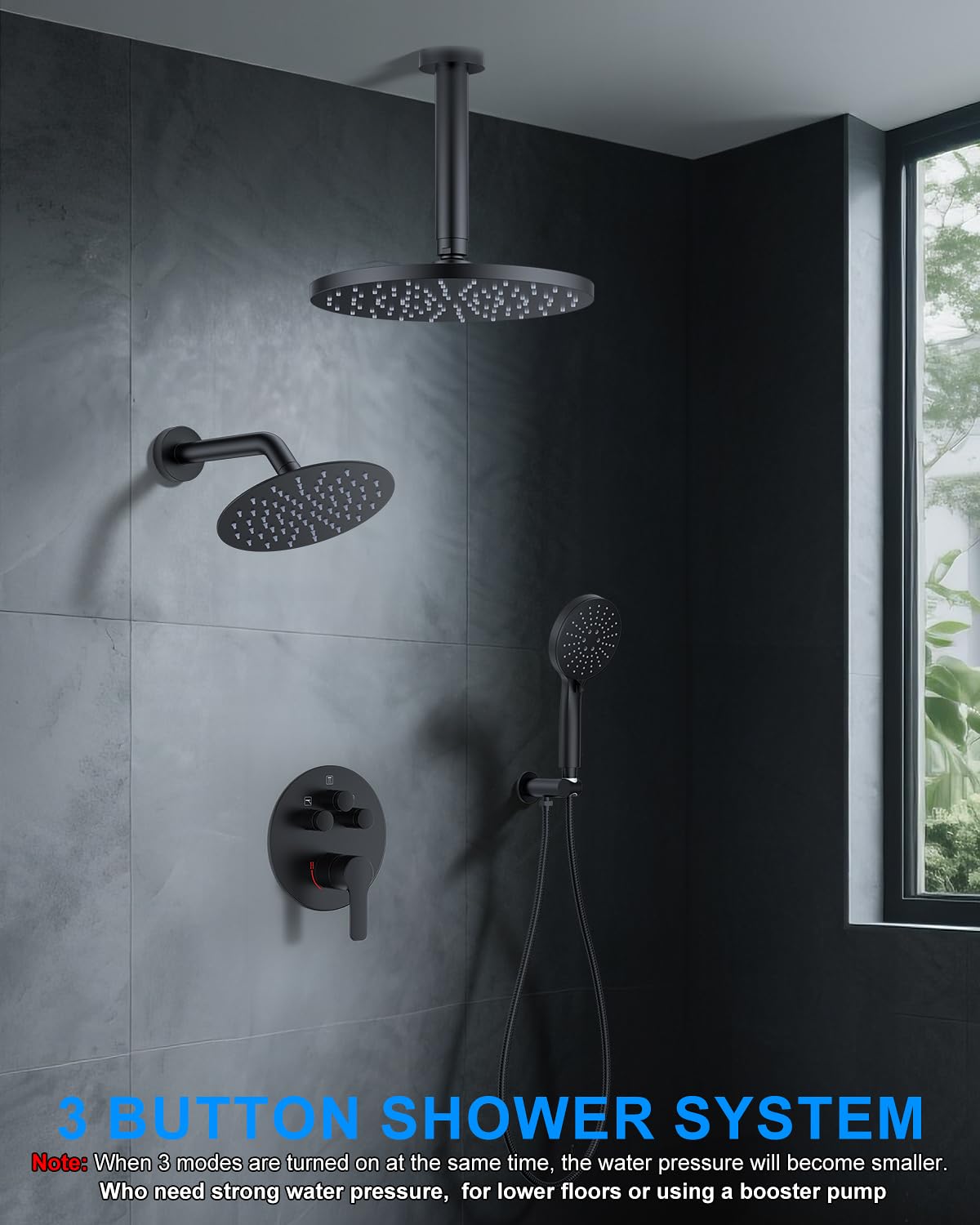 Shower System with Pressure Balance Valve, 10" Ceiling Mount Shower Faucet Set with 2 Rain Shower Head And Multi-function Handheld Head Push Button Diverter Pressure Balancing Valve Kit, Matte Black