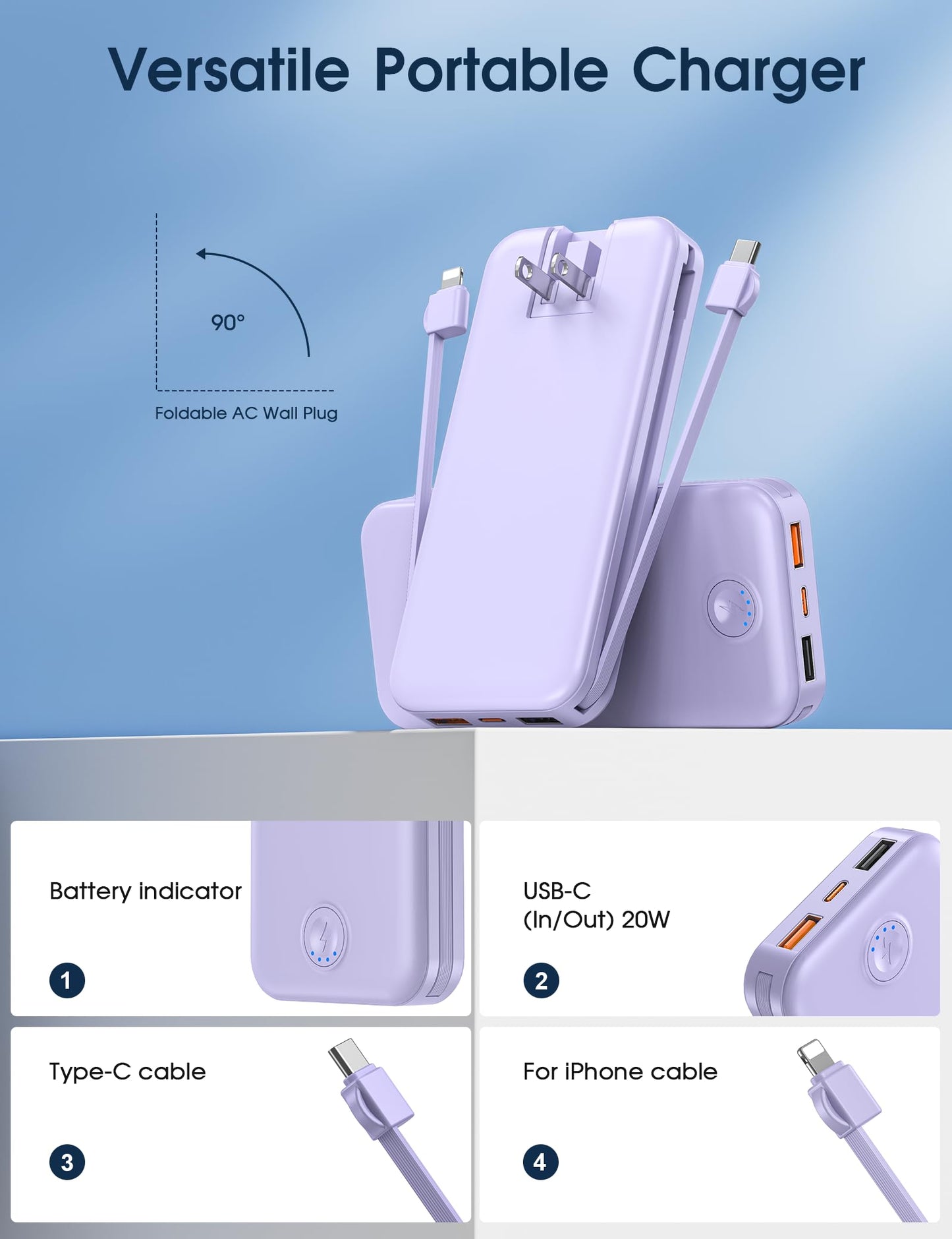 Nusyddy Portable Charger, 10000mAh PD20W Fast Charging Power Bank with Built-in Cables & Wall Plug, Travel Essential External Battery Pack, USB C Battery Phone Charger for iPhone, iPad, Samsung Purple