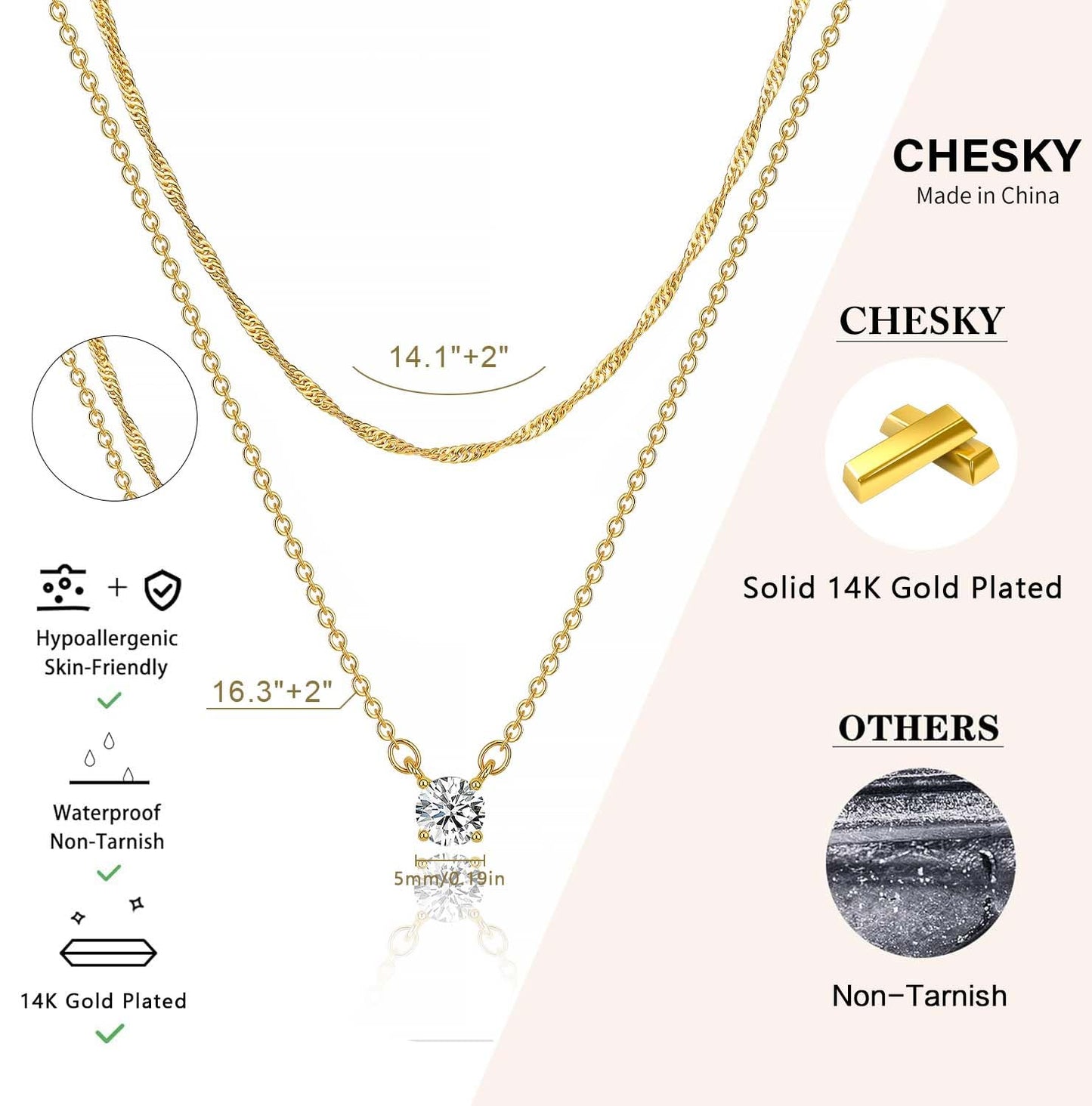 CHESKY Layered Gold Necklaces for Women Trendy, Dainty 14K Gold Plated CZ Pendant Necklace Stackble Wave Chain Necklace Gold Jewelry Set for Women Gifts