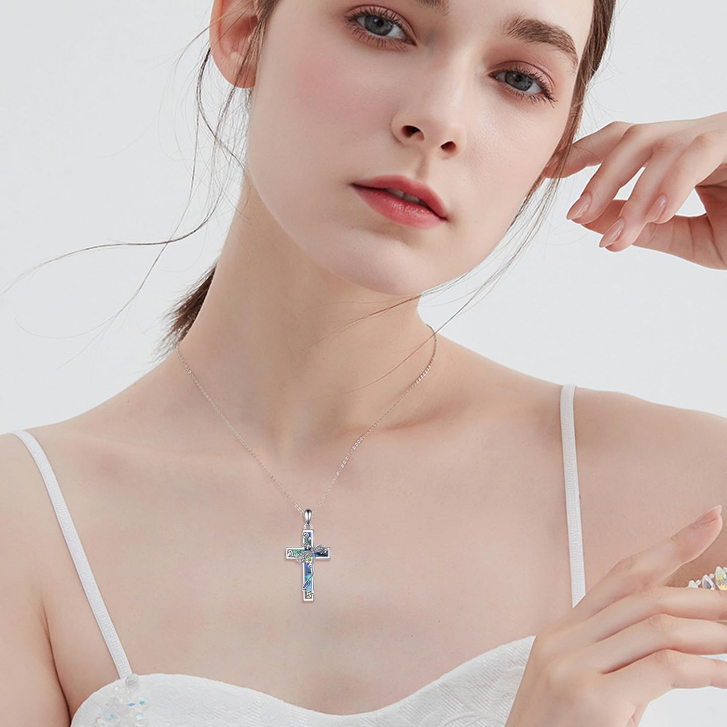 YFN Sunflower Cross Necklace Sterling Silver Dragonfly Cross Pendant Abalone Shell Jewelry Religious Christian Baptism Gifts for Her Women