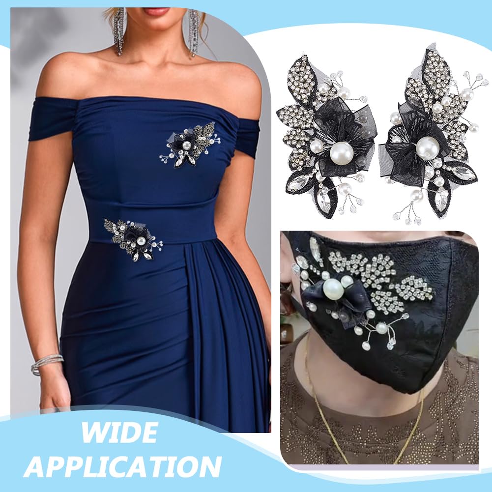 FINGERINSPIRE 1 Pair 4.4x2.5x0.5inch White Pearl Beaded Applique Rhinestone Flower Patch DIY Crafts Wedding Dress Embellishment for Bridal Hair Comb Decoration Black Floral Sew On Decoration