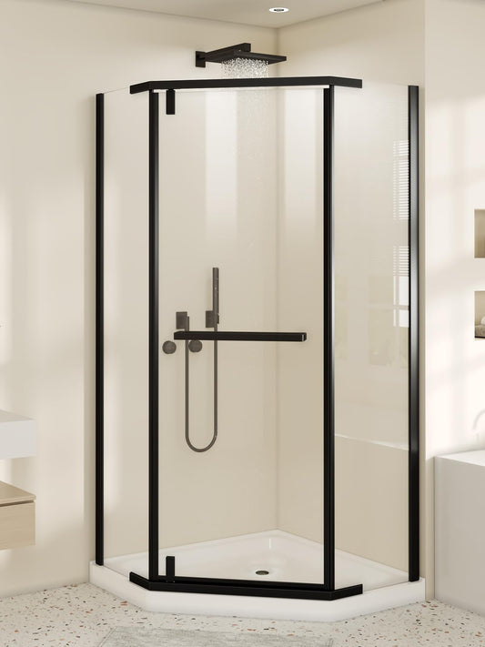 Corner Shower Door, 36" W x 72" H Neo-Angle Shower Doors, 36 Corner Shower Enclosure, Aluminum Frameless & 1/4"(6mm) Clear Tempered Glass Pivot Shower Door for Walk in Show, Matte Black