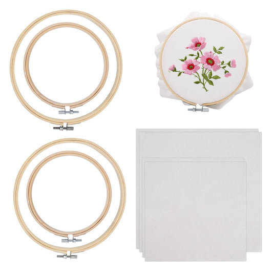 4 PCS Embroidery Fabric with Frame 2 Sizes, 4 Bamboo Embroidery Hoops and 4 Pre-Cut White Cotton Fabric Squares, Cross Stitch Hoops and Frames, for Art Craft Sewing