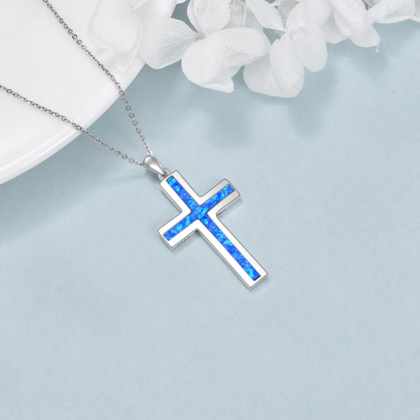 YFN Blue Opal Cross Necklace Sterling Silver Cross Pendant Religious Jewelry Gifts for Women Men
