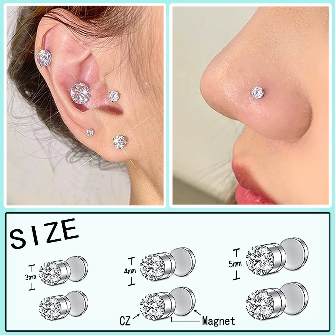 VitaCool Fake Nose Ring Magnetic Septum nose Stud CZ Magnetic Earrings Faux Fake Ear Stud Non Piercing Nasal Jewelry for Women Men (3T-Style D)