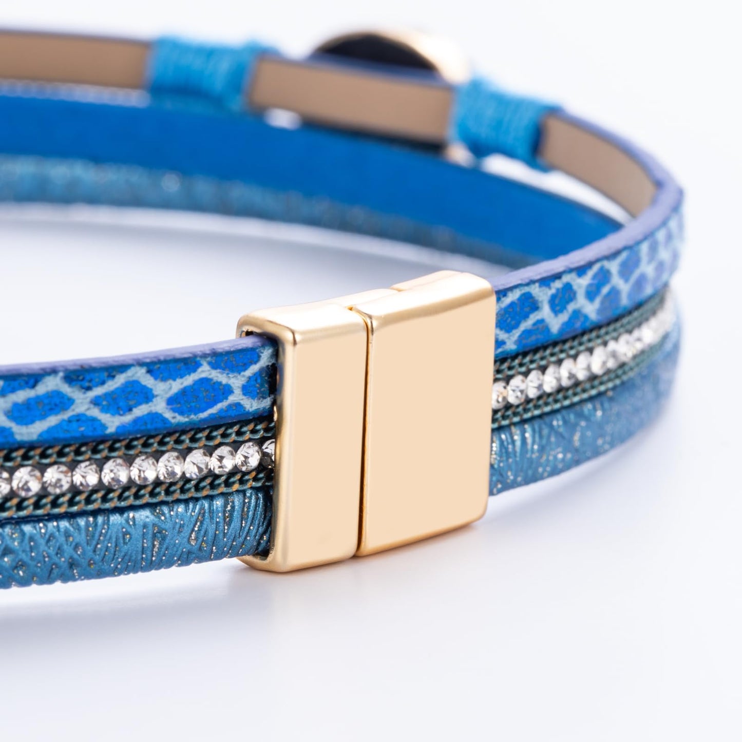 FANCY SHINY Boho Leather Wrap Bracelet Stackable Chunky Crystal Cuff Bracelets with Magnetic Clasp Cowboy Cowgirl Western Summer Beach Outfits Jewelry Gifts for Women (14.7", Royal Blue)