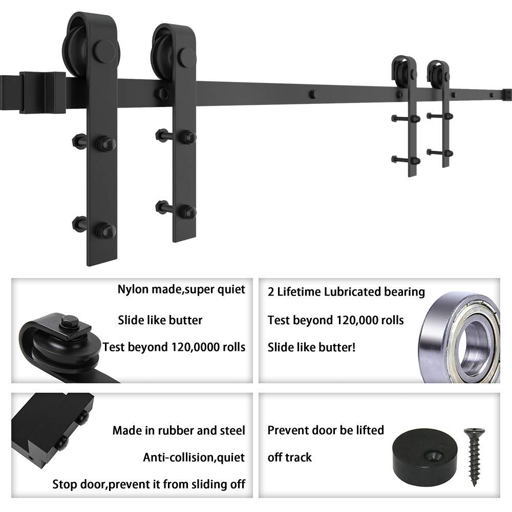 WINSOON 16FT Barn Door Hardware Kit: Double Sliding Door Hardware - Heavy Duty Black Barn Door Track Kit - Carbon Steel Sliding Barn Door Rail - J-Shape Easy to Install for 96" Closet Panel(No Door)