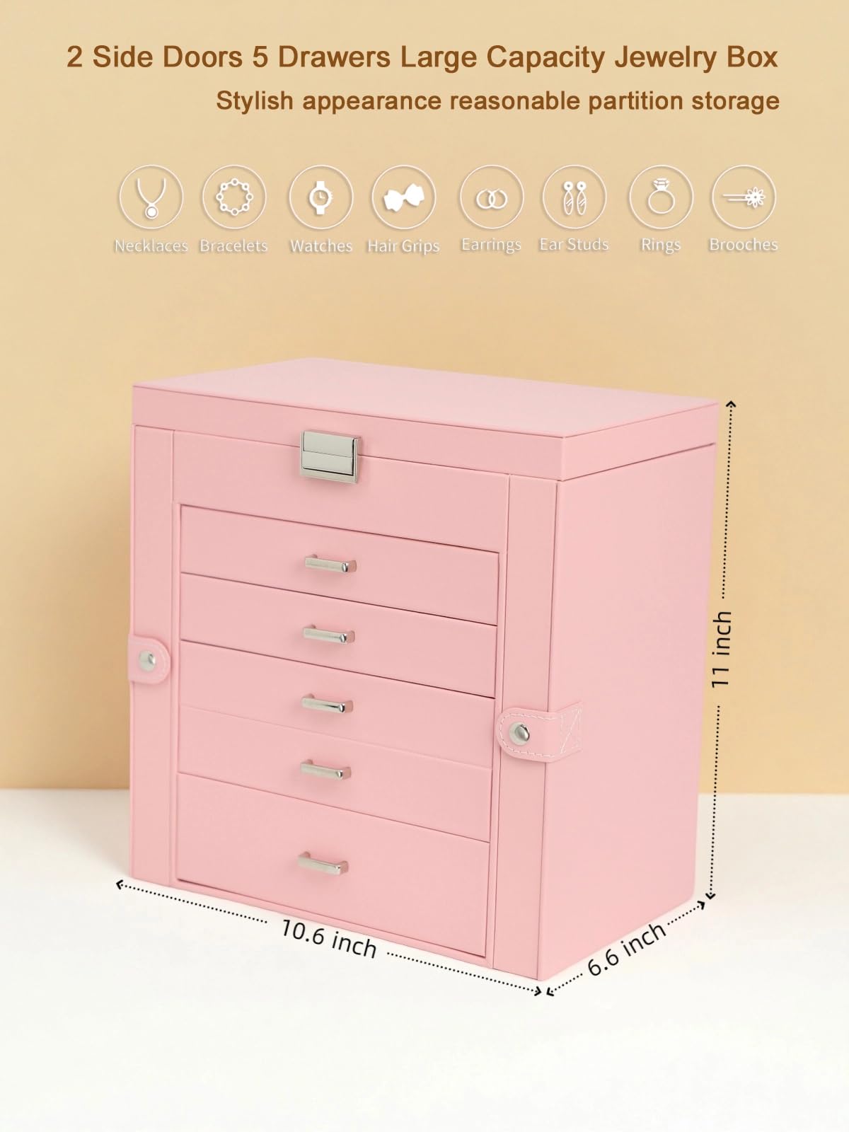 BOOVO Jewelry Box For women, 6 Layer Large Jewelry Organizer With Mirror, Multi-Function Storage Box With Lock, Necklace Holder With 5 Drawers, For Earrings Necklace Bracelet (Silver and Pink)