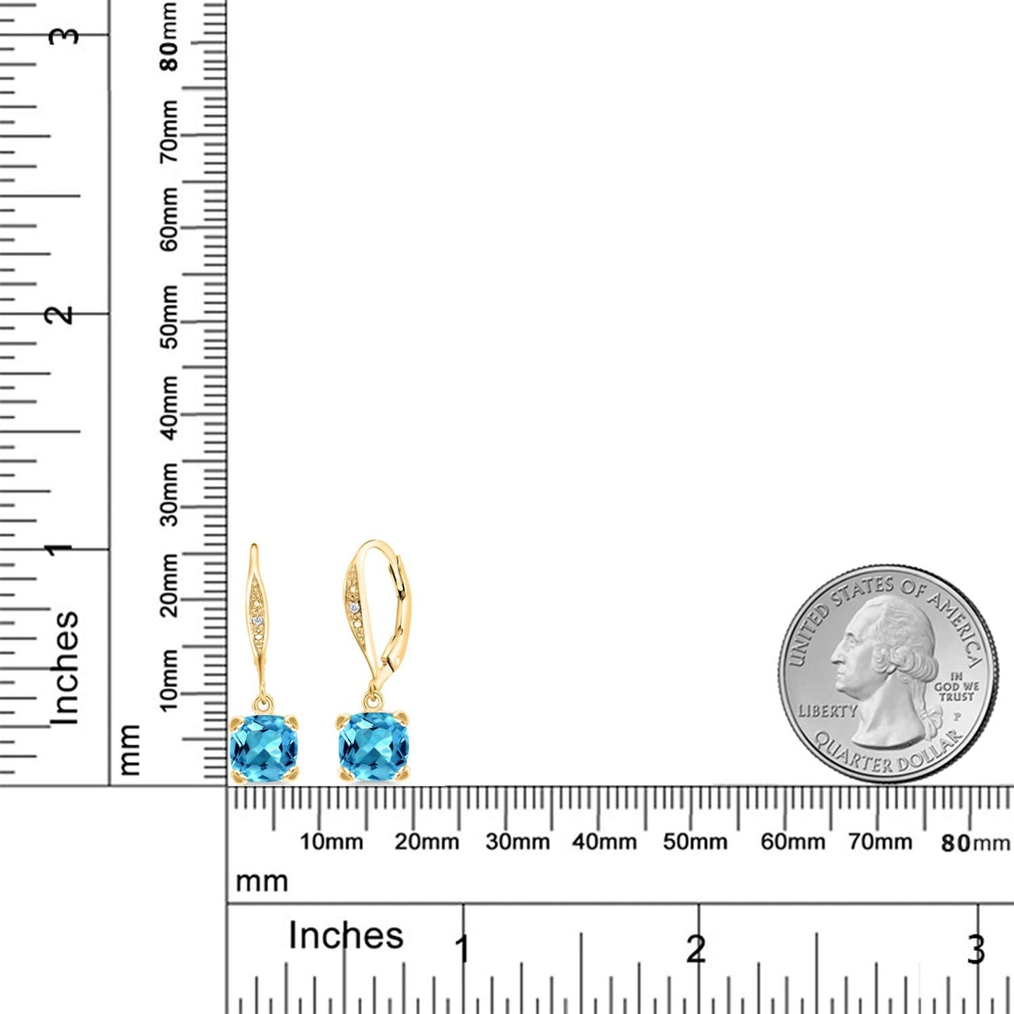 Gem Stone King Drop Dangle Earrings For Women | 7MM Cushion Cut Gemstone Birthstone and Diamond | 925 Sterling Silver | Jewelry Gift for Mom Wife Her | Swiss Blue Topaz-November | Yellow Gold