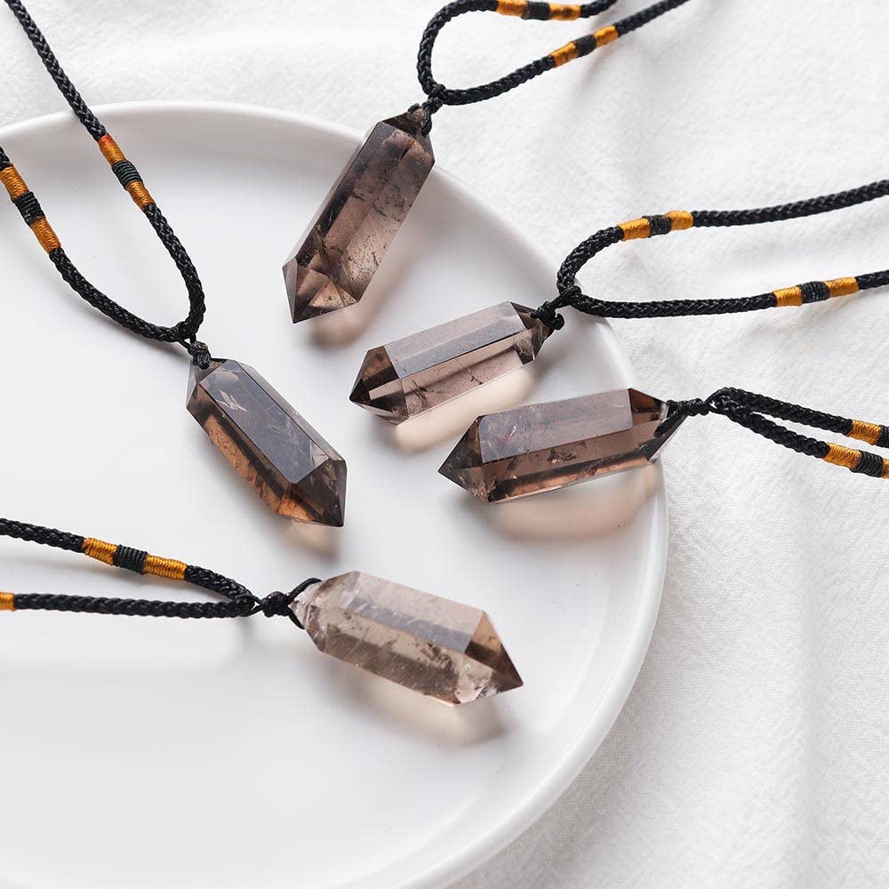 Runyangshi Smoky Quartz Healing Crystal Pendants, Double Pointed Natural Crystal Quartz Necklace 6 Faceted Chakra Crystal Wand Stone Reiki Meditation
