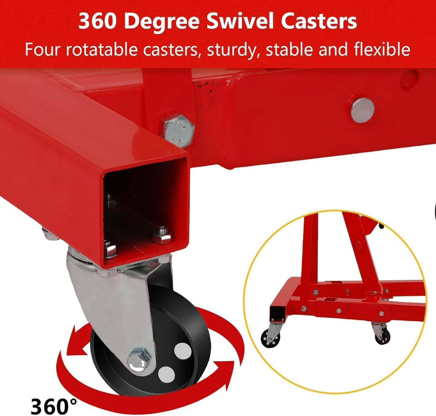 MilleLoom 2 Ton Hydraulic Engine Hoist, 4400LBS Heavy Duty Cherry Picker Engine Hoist Lift with 6 Casters, Folding Crane Lifter with Telescopic Boom, for Workshop, Warehouse, Red