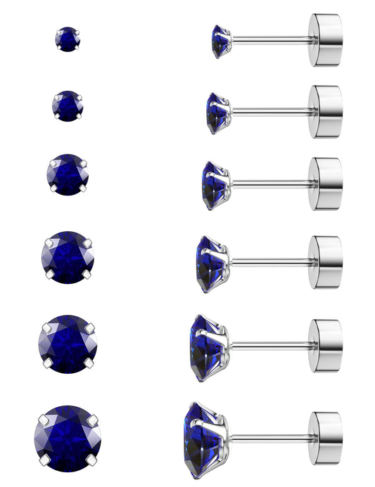 6 Pairs Hypoallergenic Cubic Zirconia Earrings Surgical Steel Flat Back Studs for Cartilage, Screw Back Fashion Jewelry