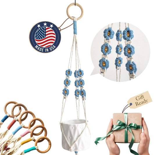 Macrame plant hanger with Daisies | Hanging plant holder | Macrame Plant hangers outdoor and indoor hanging planters Plant stand indoor Boho Decor hanging planter stand/plant shelf (Cloudy Day)