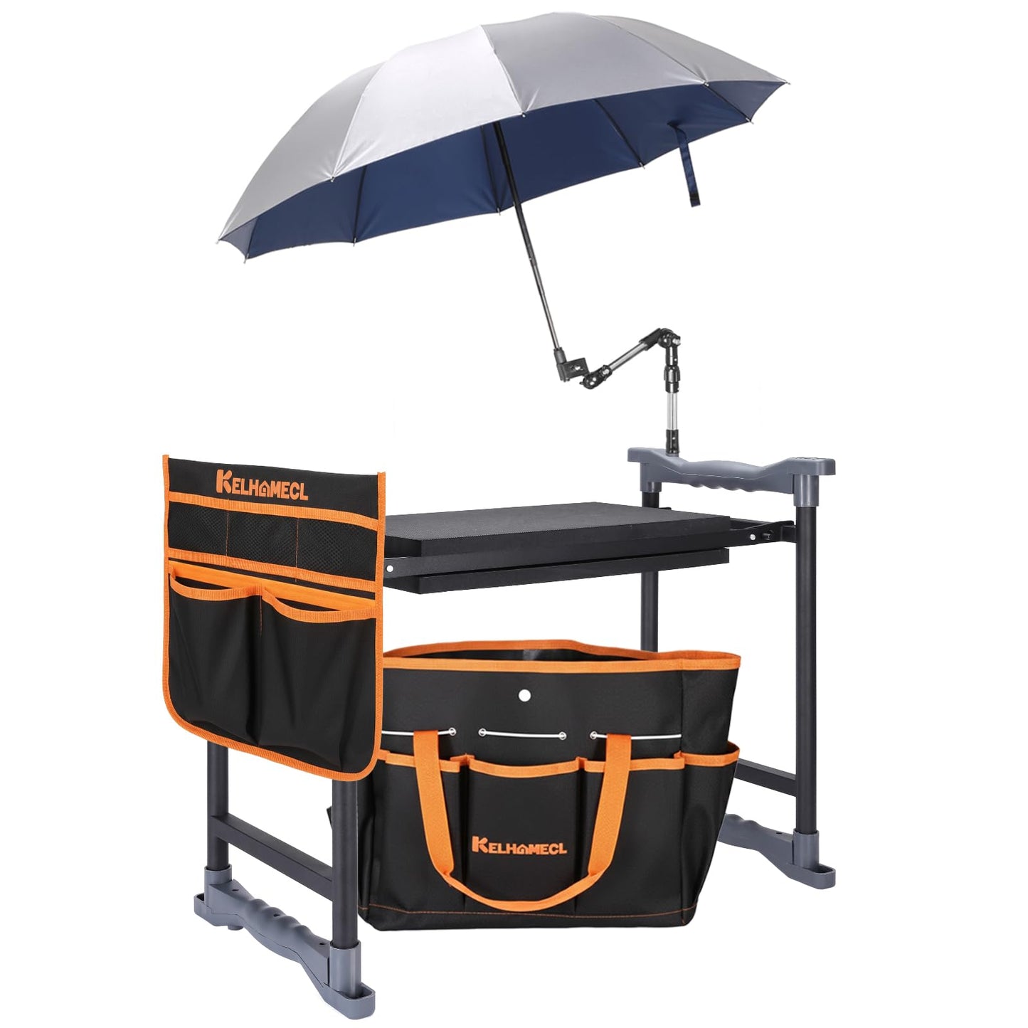 KELHOMECL Garden Kneeler and Seat with Umbrella, 2-in-1 Foldable Gardening Stool with Adjustable Bracket, Detachable Tool Bags, Heavy Duty Kneeling Pad for Gardening (Black Orange)