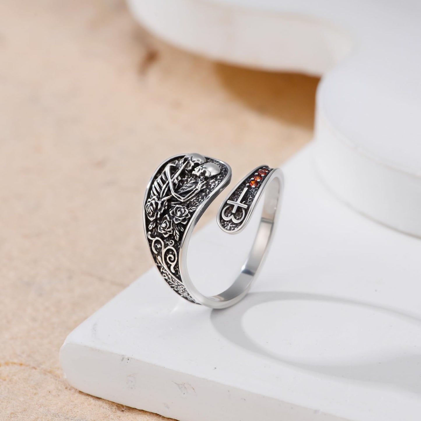 Midari Skull Couple Spoon Rings for Women 925 Sterling Silver Vintage Adjustable Punk Skull Rings Open Antique Skeleton Spoon Rings Jewelry for Women Hallowee Birthday Christmas Gifts B