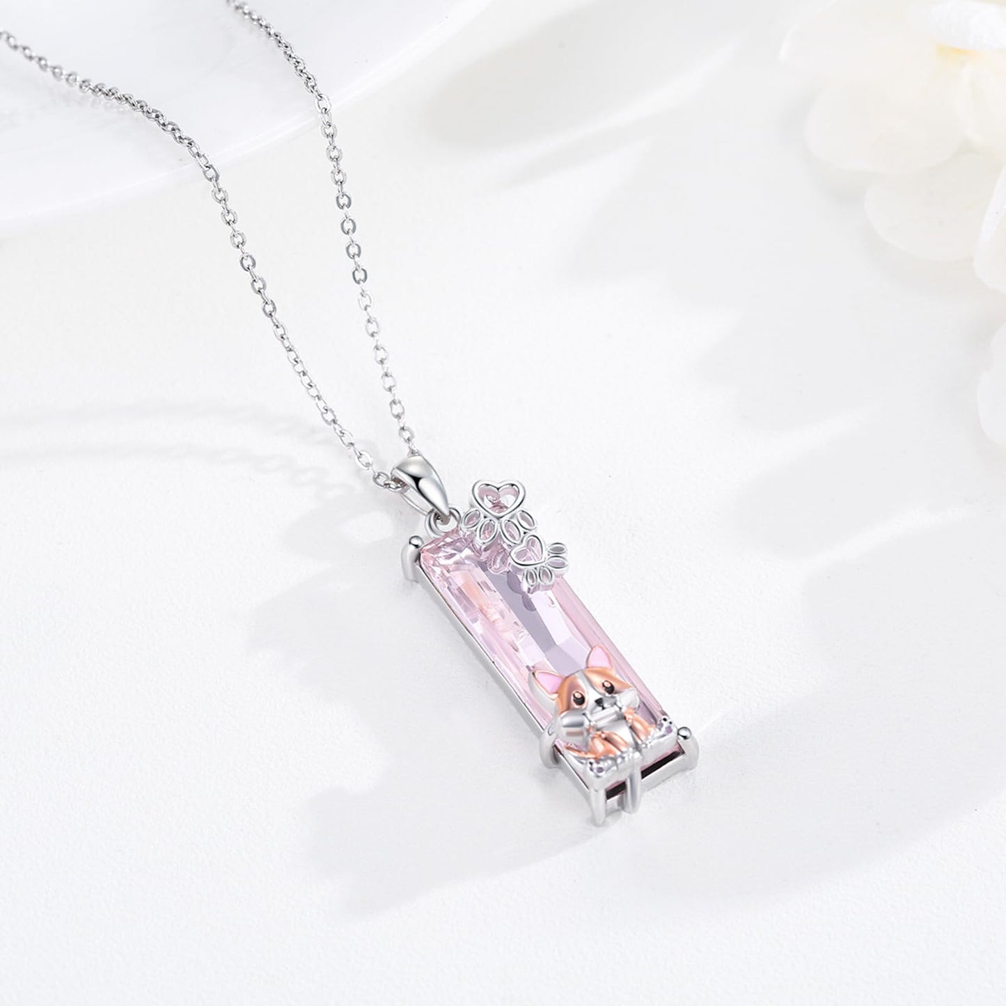 AENEAS Corgi Necklace for Women 925 Sterling Silver Pink Crystal Pendant Cute Puppy Paw Jewelry Gifts for Her Wife