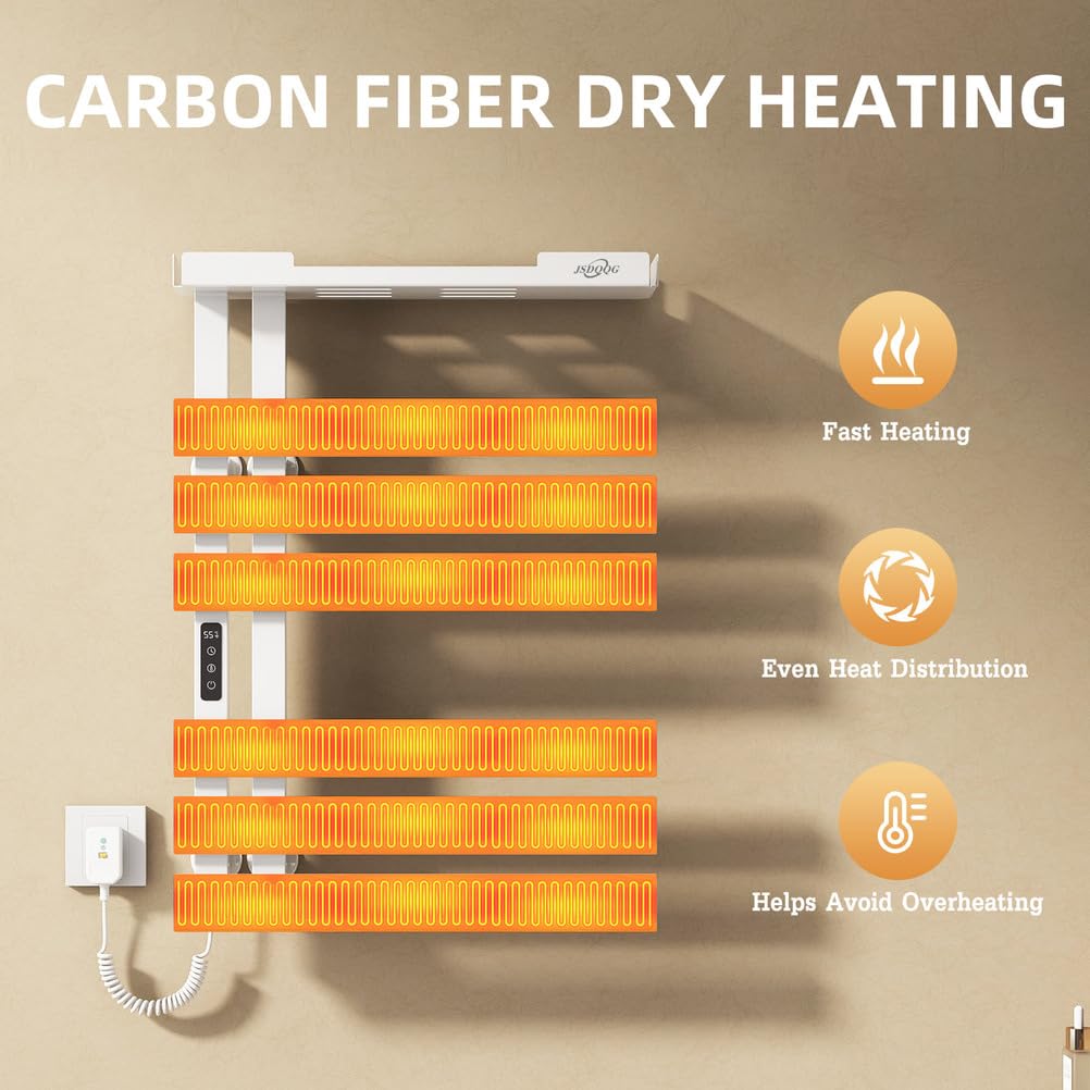 JSDQQG Smart Heated Towel Racks for Bathroom,Electric Towel Warmer Rack Voice Control,WiFi Heated Towel Rack Wall Mounted,Towel Warming Rack with Top Shelf and Led Timer,Flat Widen 6 Bar,White