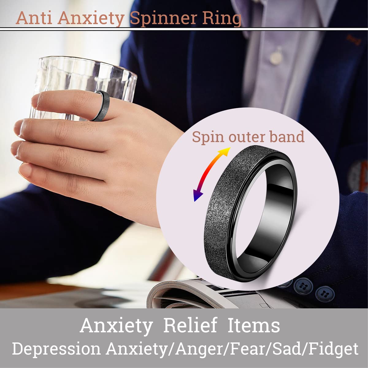 Anxiety Ring for Women Fidget Spinner Ring Fidget Toys Adults Titanium Stainless Steel Thumb Ring 6mm Wide Black Size 7