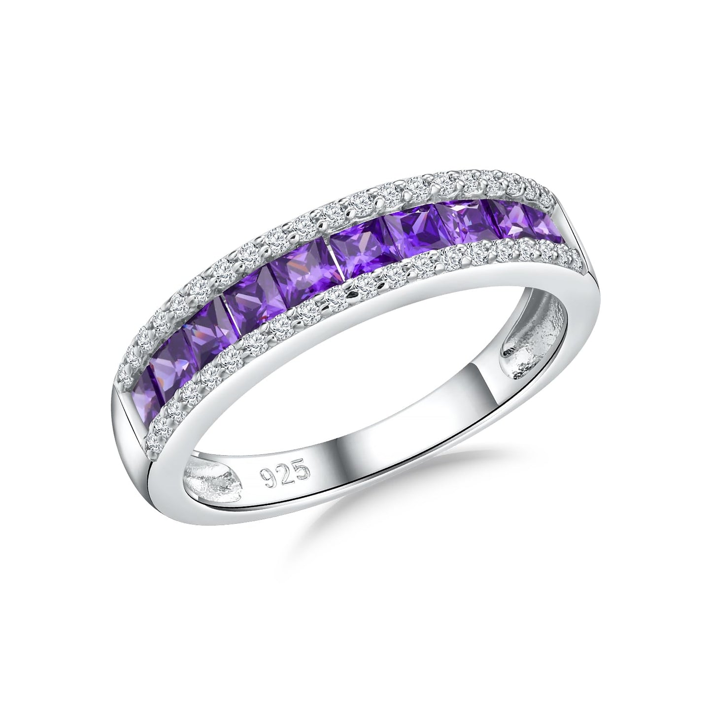 RANDES Amethyst Ring Eternity Band 925 Sterling Silver Channel Set Purple Stone Rings for Women February Birthstone Ring Size 8