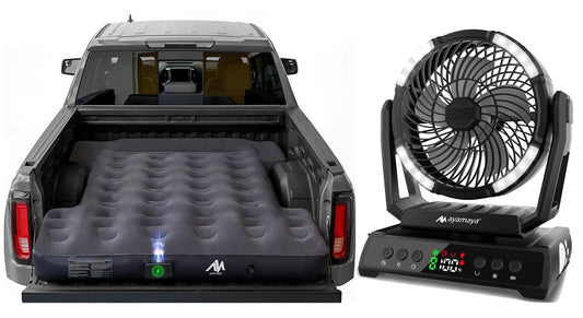 AYAMAYA Camping Fan + Air Mattress, 9 Speeds Battery Powered Fans with Digital Display, 6-6.5ft Full Size Truck Bed with Cordless Pump for Outdoor Camping, Road Trip