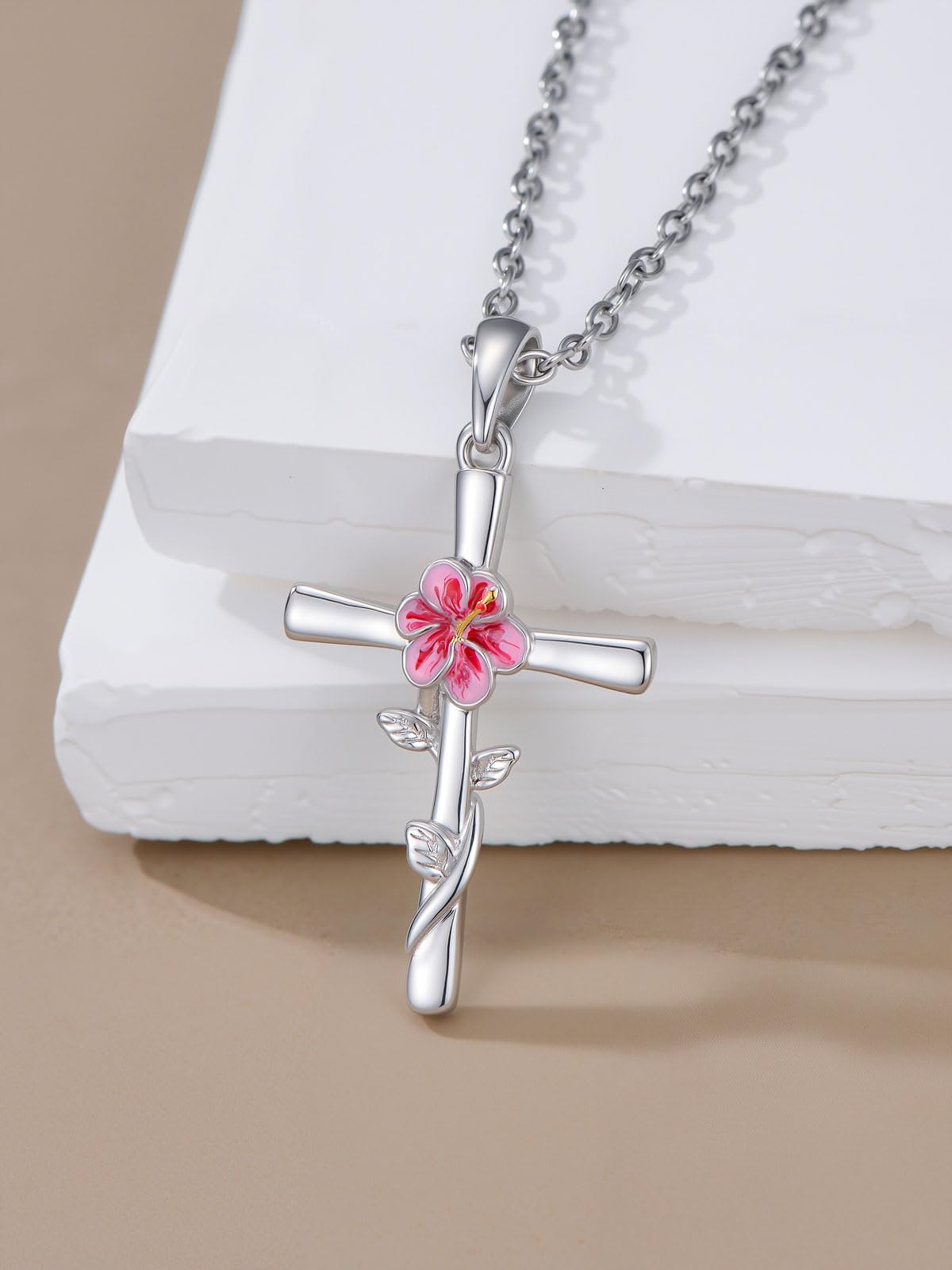 Cargari Hibiscus Cross Necklace for Women 925 Sterling Silver Birth Flower Pendant Hibiscus Flower Necklace Jewelry Floral Gifts for Women