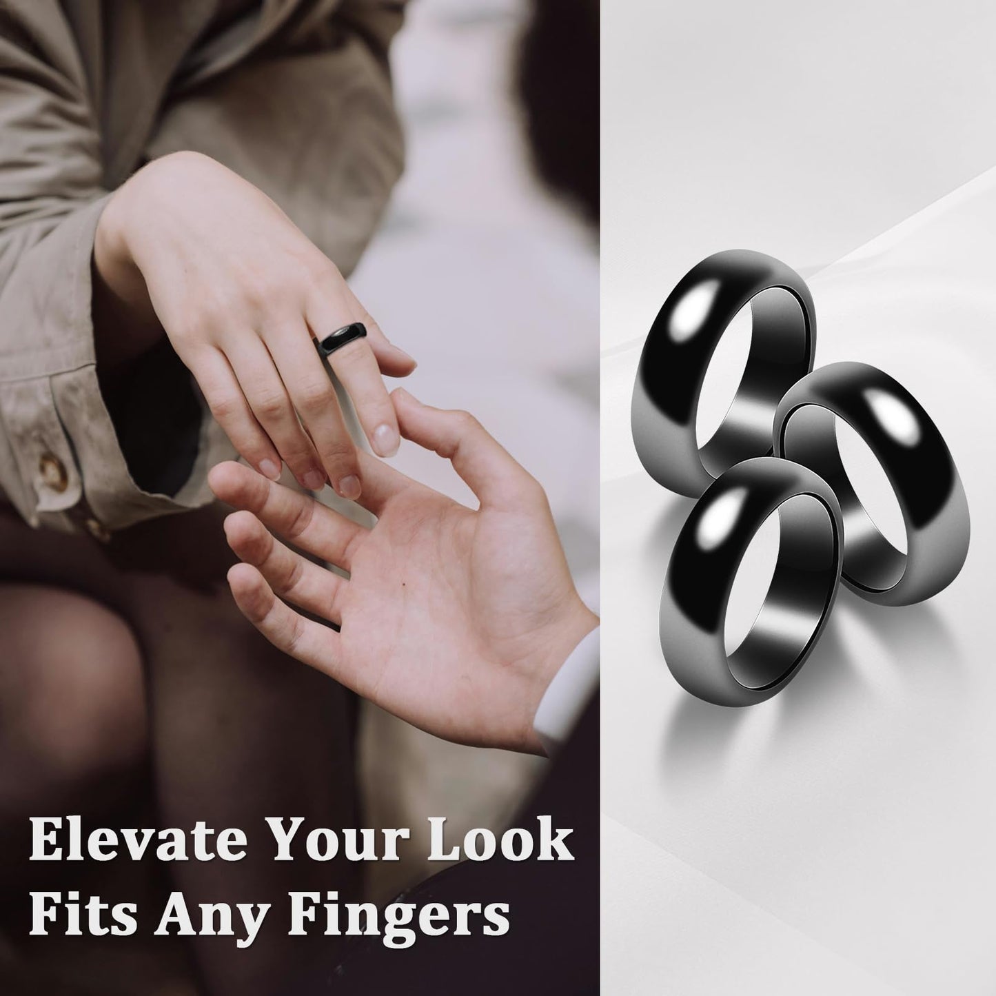 Fashtour Genuine Magnetic Hematite Rings, 3 Pack, Black, 6mm Wide, Polished, for Men and Women, Anxiety Relief, Root Chakra Balancing（Size 6#）
