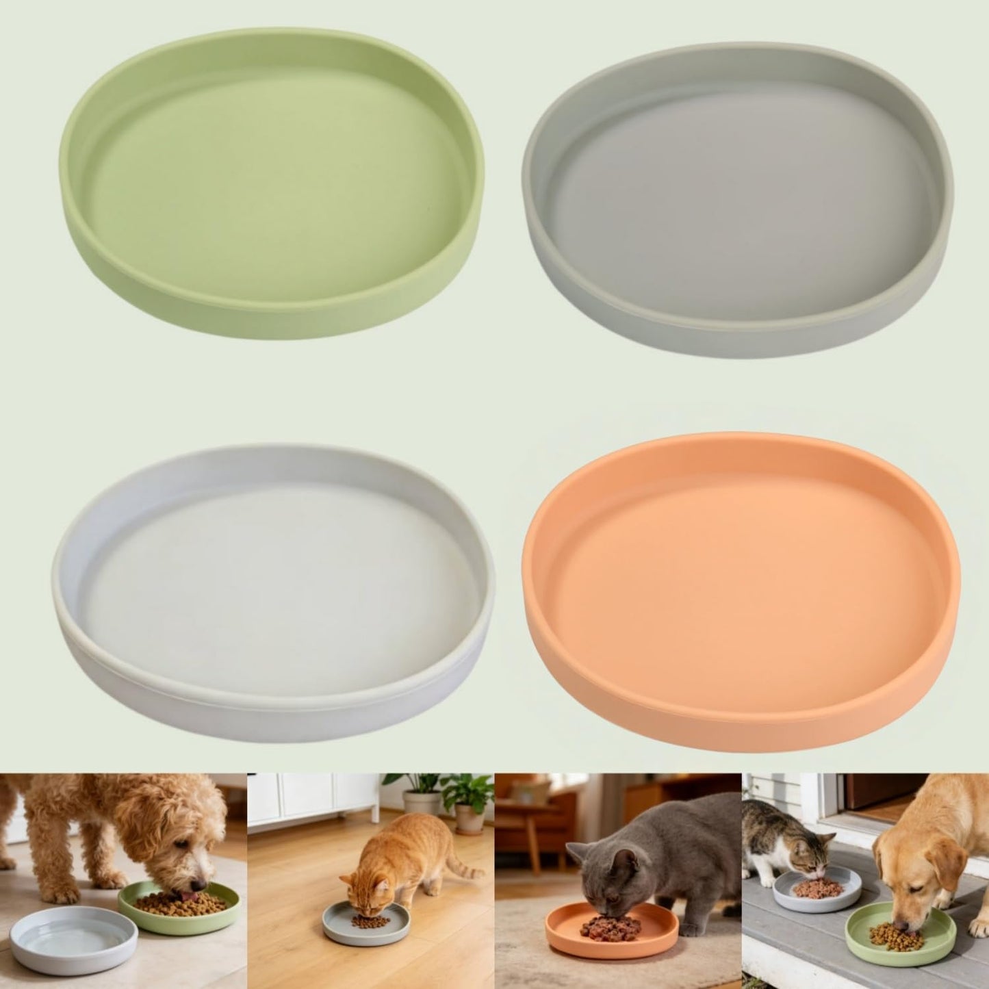 2 Pack 7 Inch Shallow Pet Bowls - Silicone Cat & Dog Food Dishes for Whisker Fatigue Relief - Non-Slip Flat Feeding Bowls for Dry/Wet Food & Water (Green & Gray)