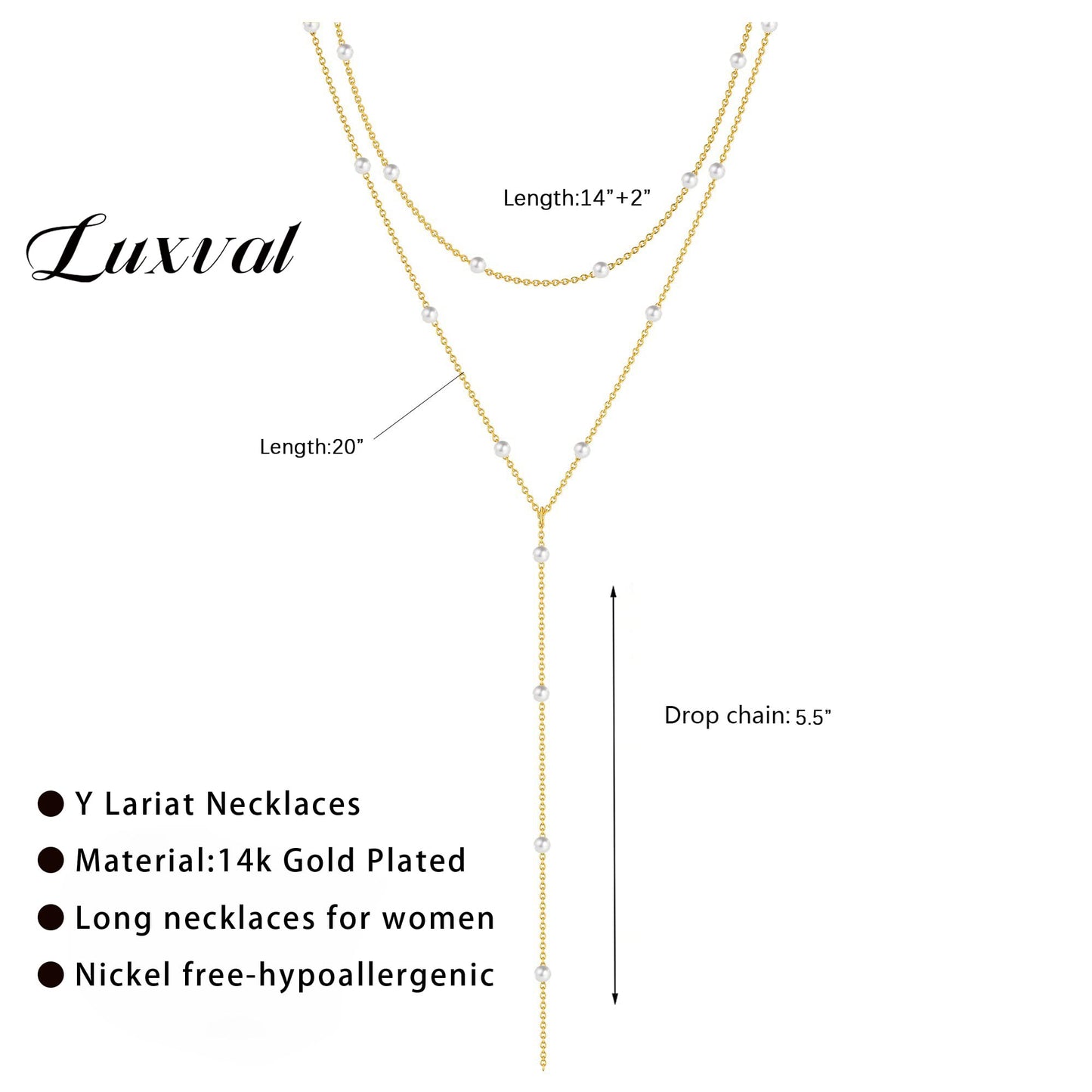 Luxval Long Pearl Necklace for Women Gold Layered Lariat Y-Shaped Pearl Chain Drop Necklace Dainty Layered Gold Pearls Necklaces for Women Trendy Simple Wedding Jewelry Gift