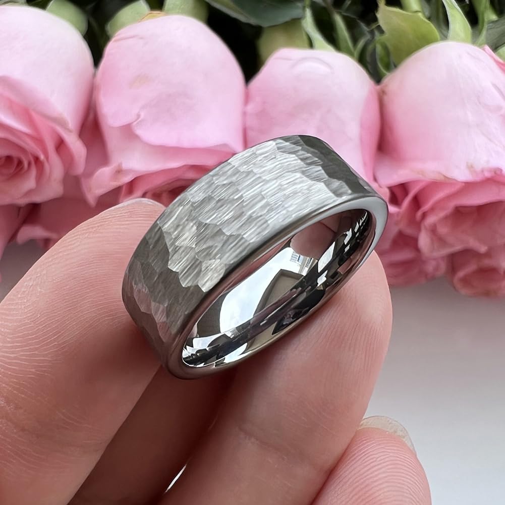 TUTISS 8mm Hammered Tungsten Rings for Men Women Fashion Engagement Wedding Bands Pipe Cut Matte Finish Comfort Fit Size 10