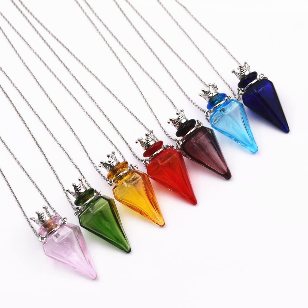 Colored glass Pendant Necklace Aromatherapy Perfume bottle necklace 50cm Stainless steel chain (Yellow)