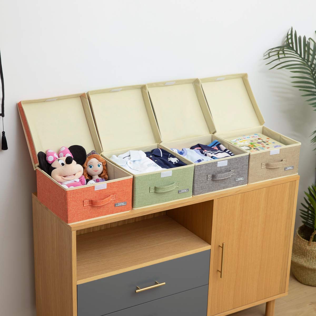 YueYue Small 4 Pack Fabric Stroage Box with Lids, Linen Foldable Stroage Box with lids 4 Color Set 12.4in/12in/6.7in
