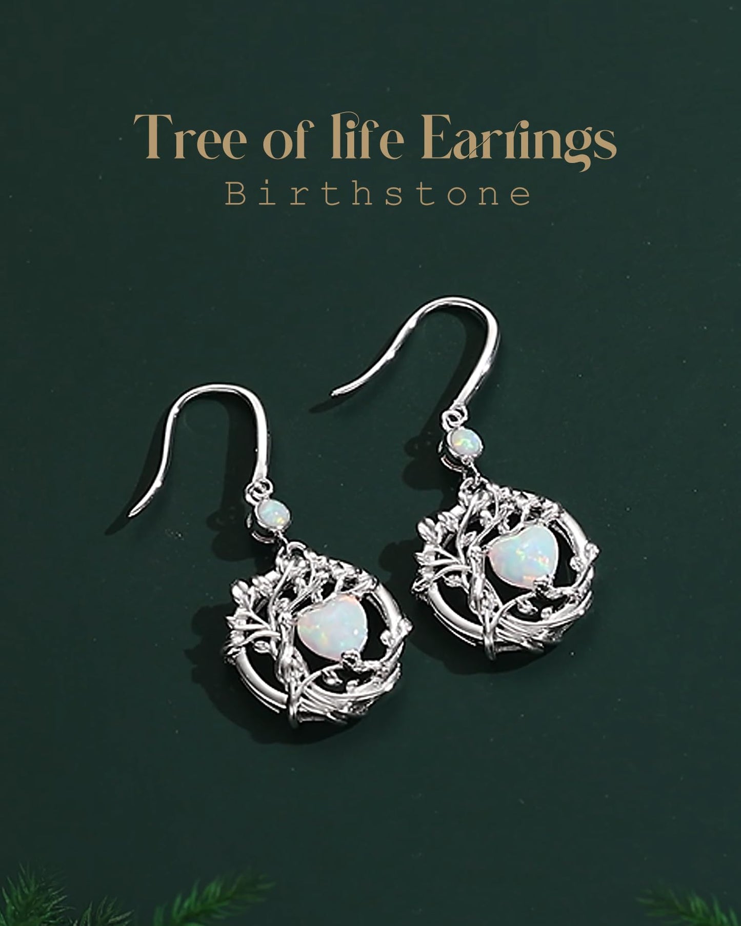 FANCIME Tree of Life Earrings 925 Sterling Silver Dainty Opal Dangle Drop Gemstone Earring October Birthstone Fine Jewelry Birthday Mothers Day Gifts for Mom Her Women