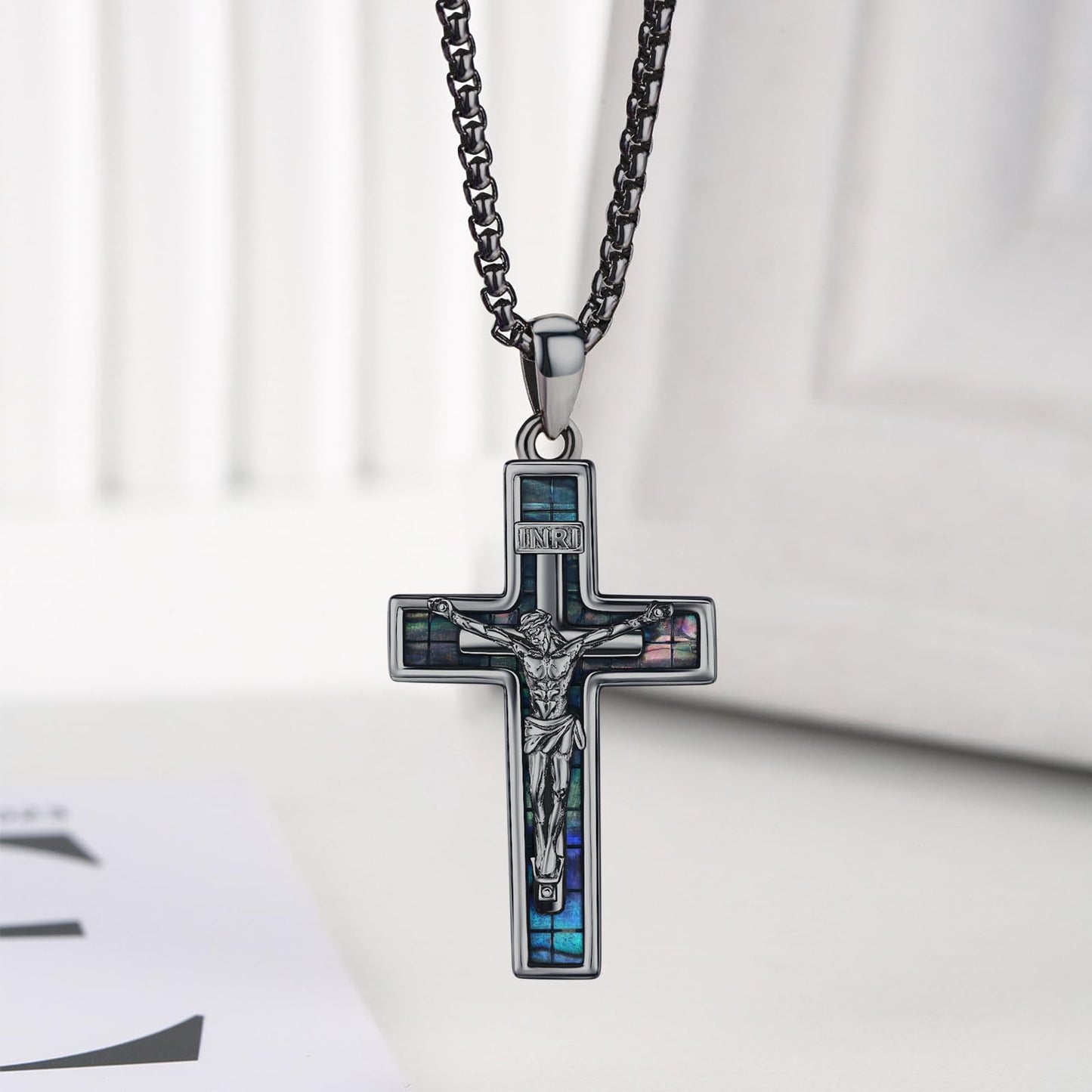 YEESIA Cross Necklace for Women Men 925 Sterling Silver Black Jesus Crucifix Pendant Necklace with Abalone Cross Jewelry Gift for Women Men